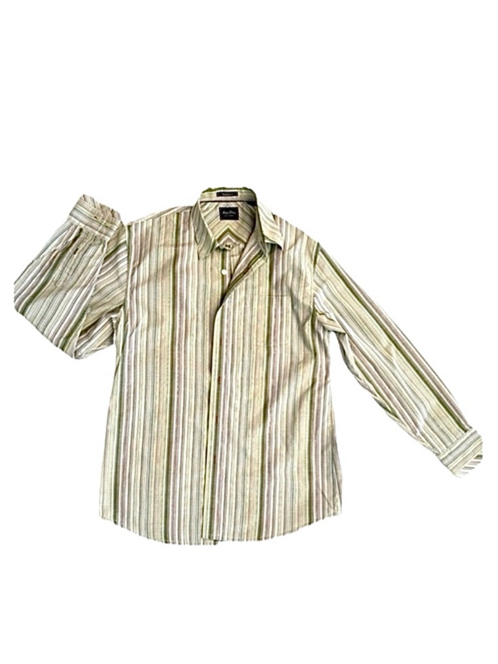 INDIGO PALMS ~ Men's Green and Off White Embroidered Striped Shirt size L